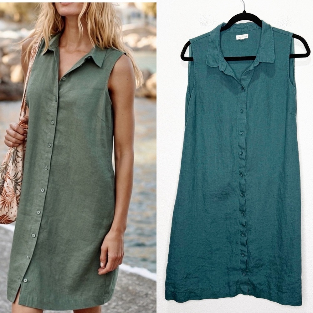 Garnet Hill Sleeveless Button-Front Linen Dress in Teal Green